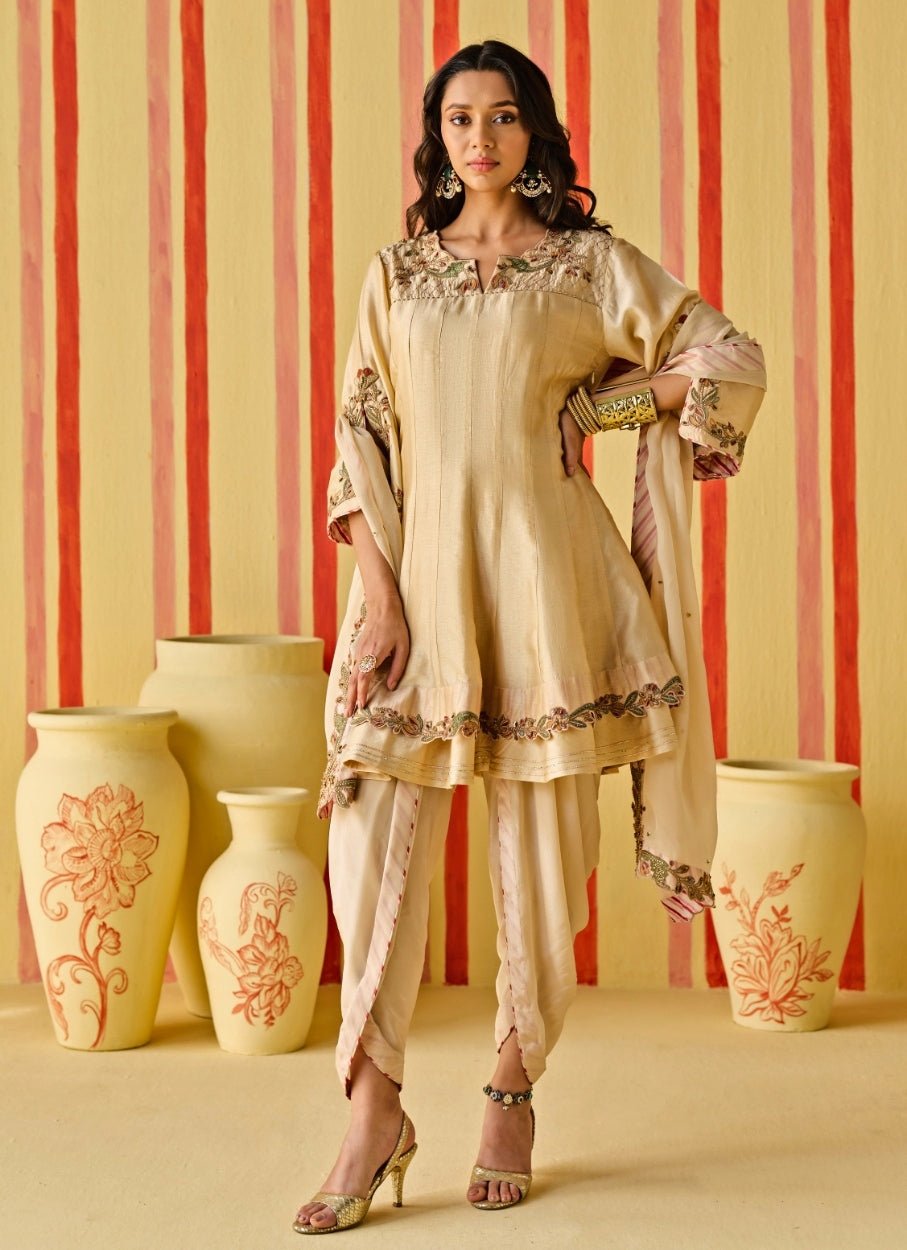 Beige Gold Chanderi Kurta With Tulip Pants Set Studio Bagechaa - Fabilicious Fashion