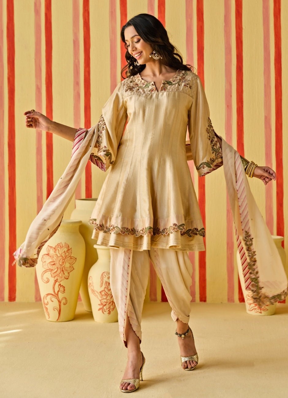 Beige Gold Chanderi Kurta With Tulip Pants Set Studio Bagechaa - Fabilicious Fashion