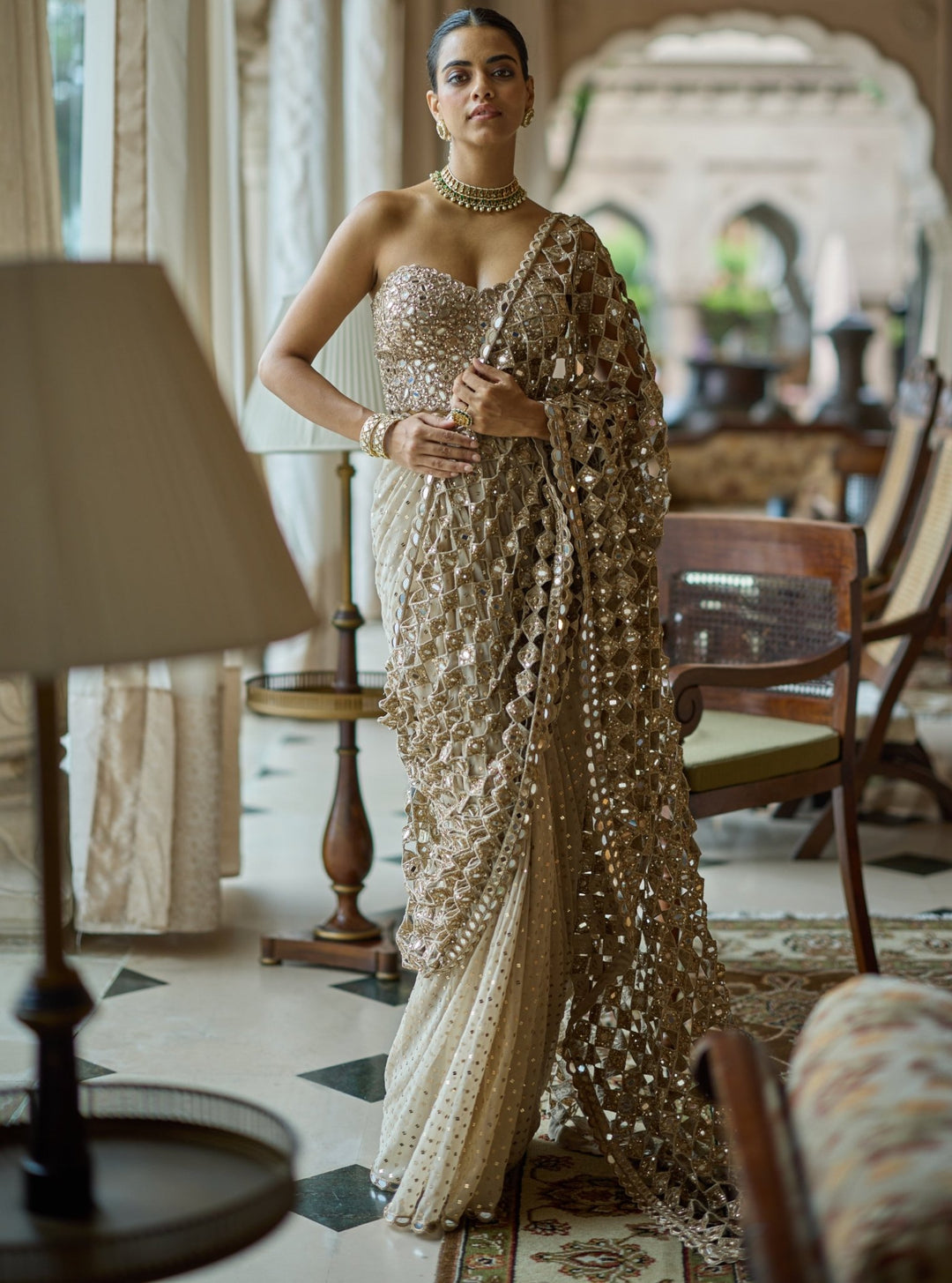 Vvani by Vani Vats Beige Gold Crepe Cutwork Pallu Pre-Draped Saree With Corset BlouseFabilicious Fashion