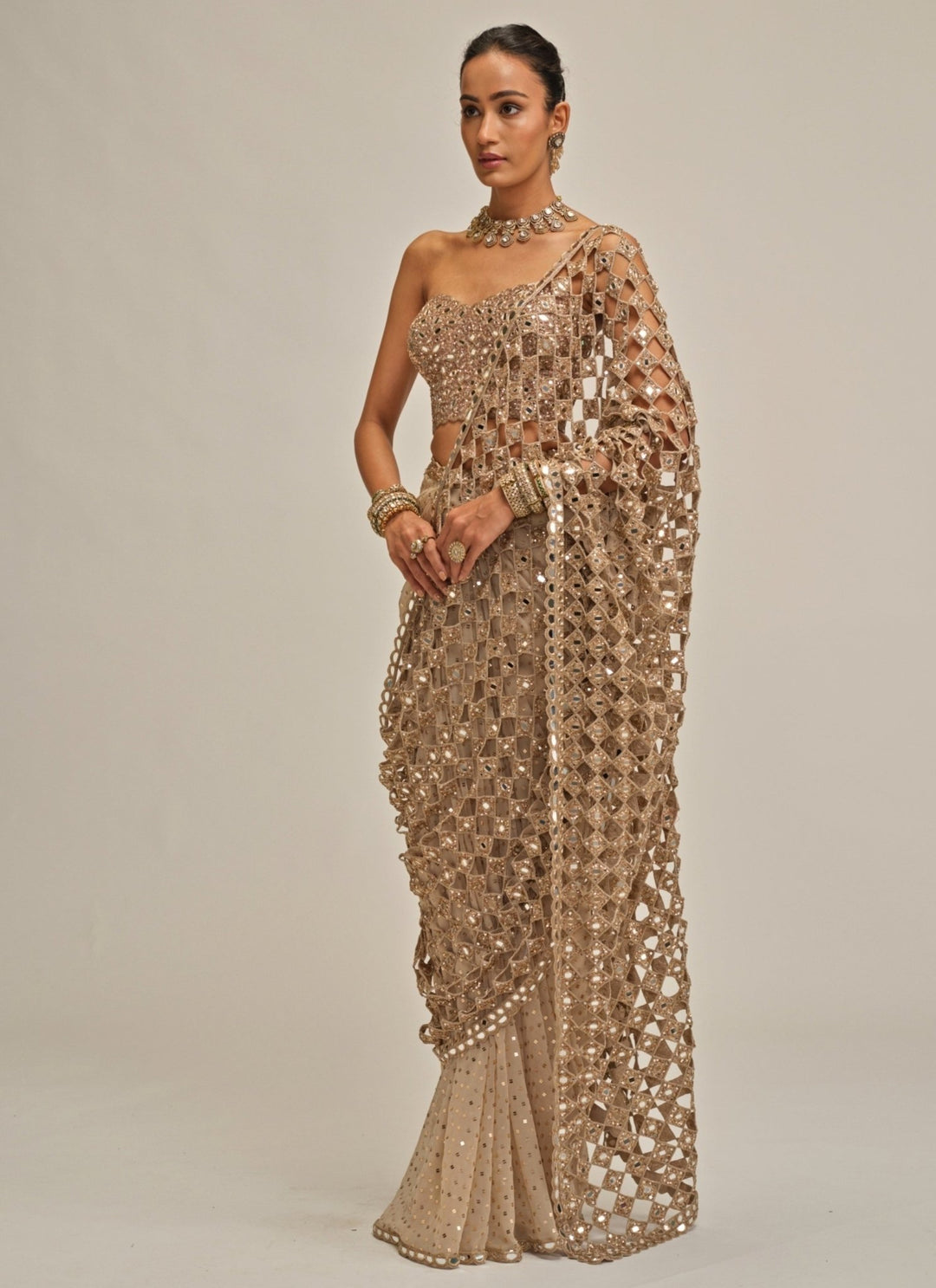 Vvani by Vani Vats Beige Gold Crepe Cutwork Pallu Pre-Draped Saree With Corset BlouseFabilicious Fashion