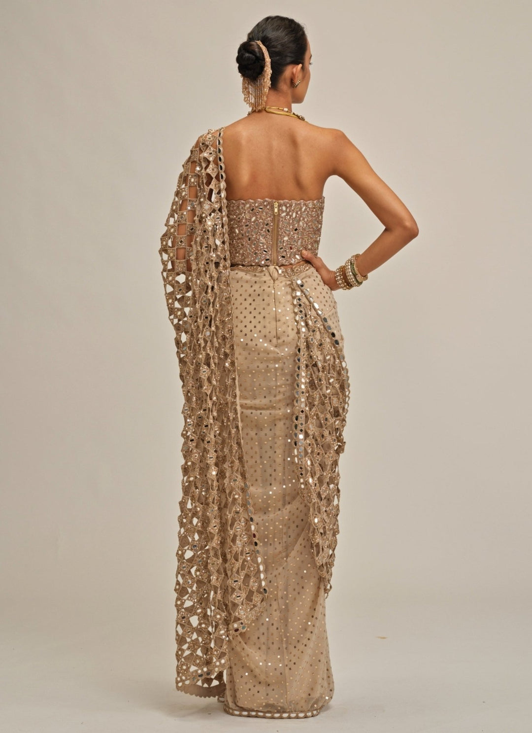 Vvani by Vani Vats Beige Gold Crepe Cutwork Pallu Pre-Draped Saree With Corset BlouseFabilicious Fashion