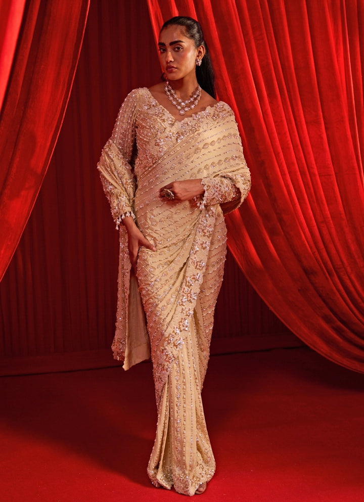 Nidhika Shekhar Beige Gold Crepe Pre - Draped SareeFabilicious Fashion