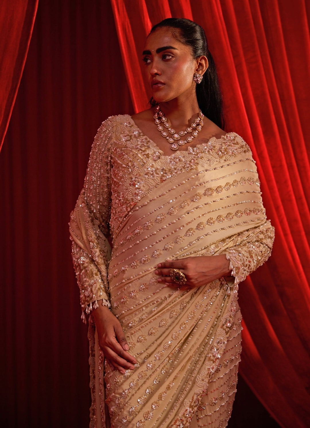 Nidhika Shekhar Beige Gold Crepe Pre - Draped SareeFabilicious Fashion