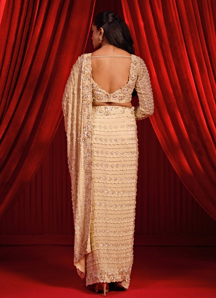 Nidhika Shekhar Beige Gold Crepe Pre - Draped SareeFabilicious Fashion