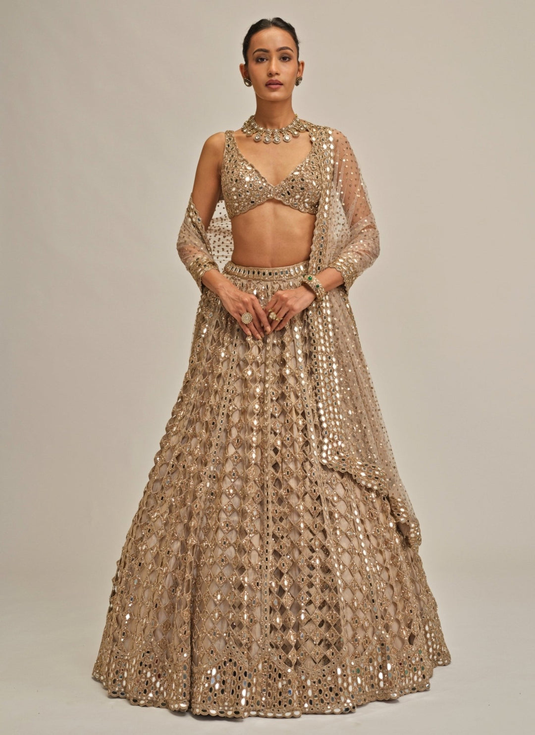 Vvani by Vani Vats Beige Gold Diamond And Mirror Cutwork Georgette LehengaFabilicious Fashion