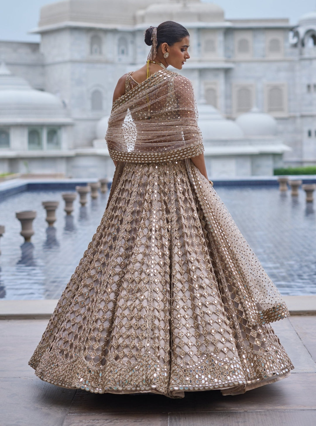 Vvani by Vani Vats Beige Gold Diamond And Mirror Cutwork Georgette LehengaFabilicious Fashion