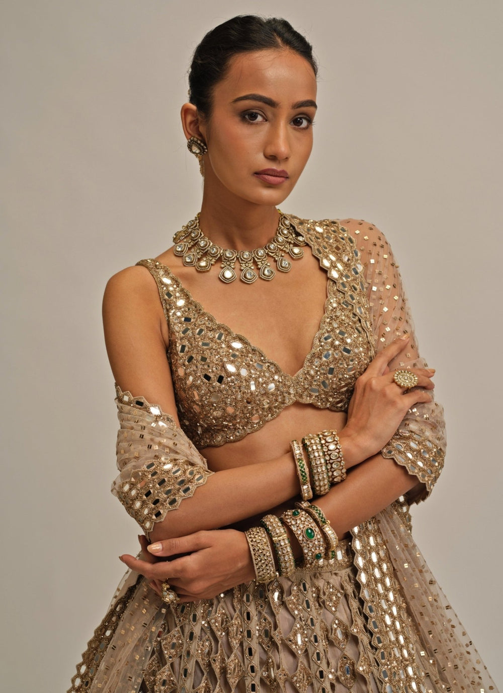 Vvani by Vani Vats Beige Gold Diamond And Mirror Cutwork Georgette LehengaFabilicious Fashion