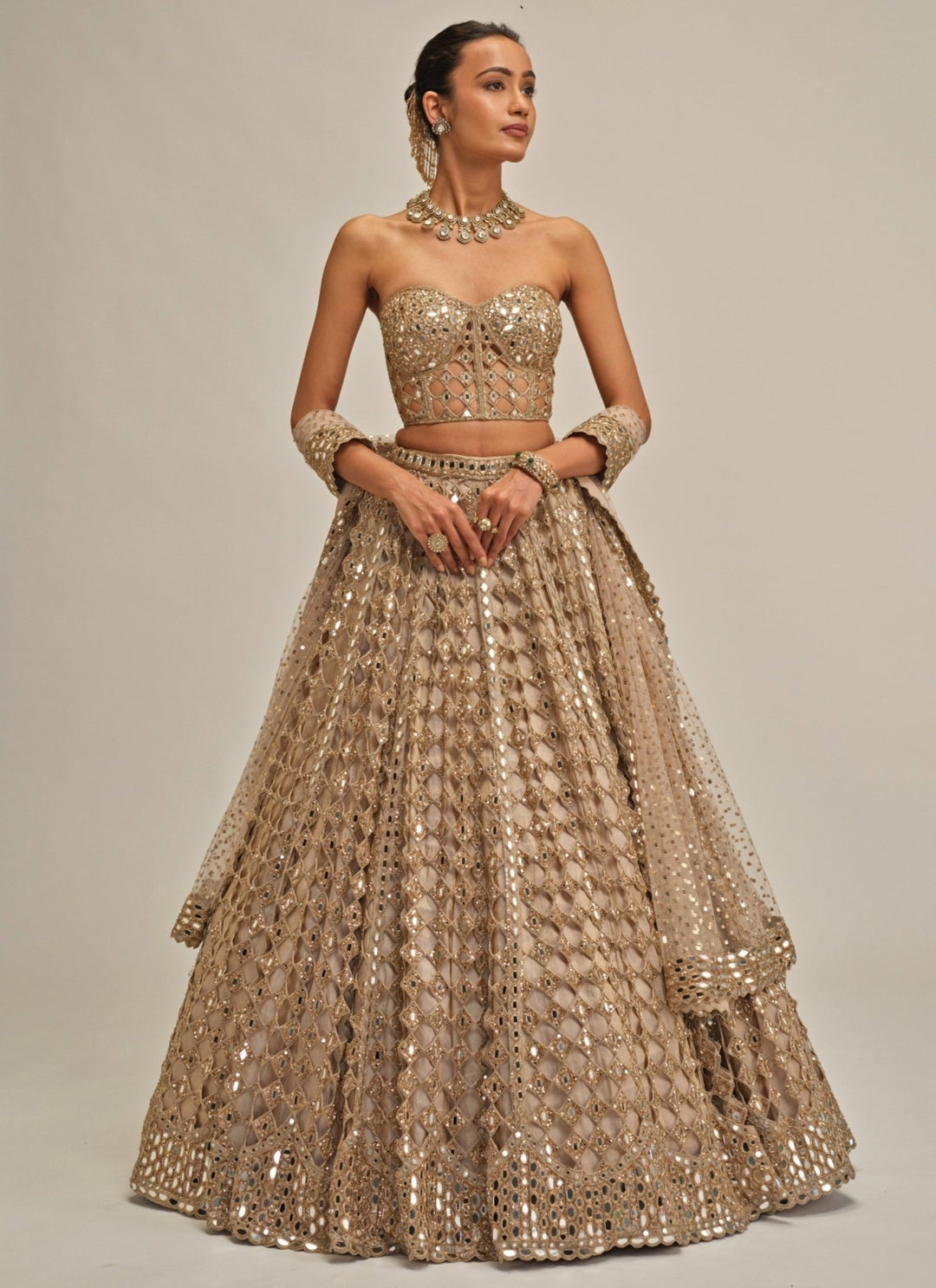 Vvani by Vani Vats Beige Gold Diamond And Mirror Embroidered Georgette Corset LehengaFabilicious Fashion