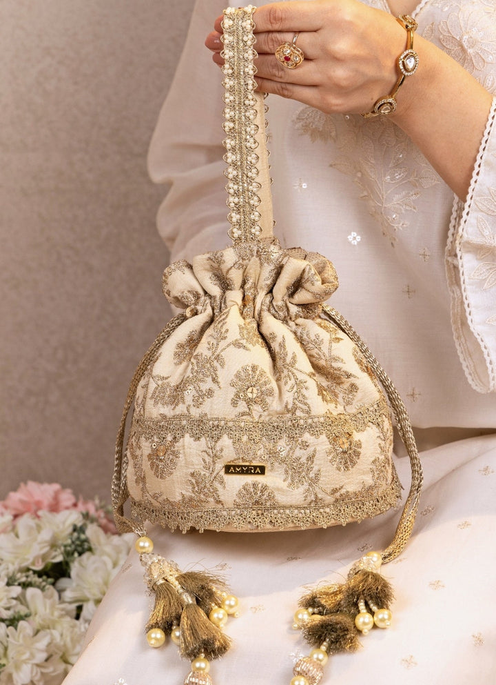 Amyra Beige Gold Embroidered Base PotliFabilicious Fashion