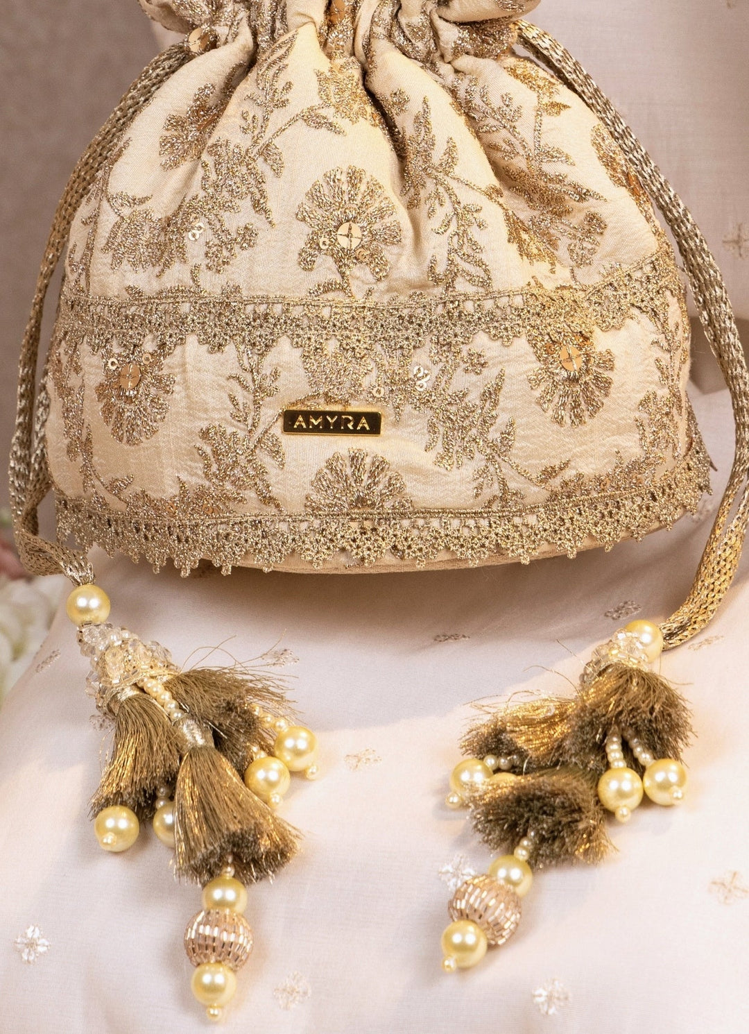 Amyra Beige Gold Embroidered Base PotliFabilicious Fashion