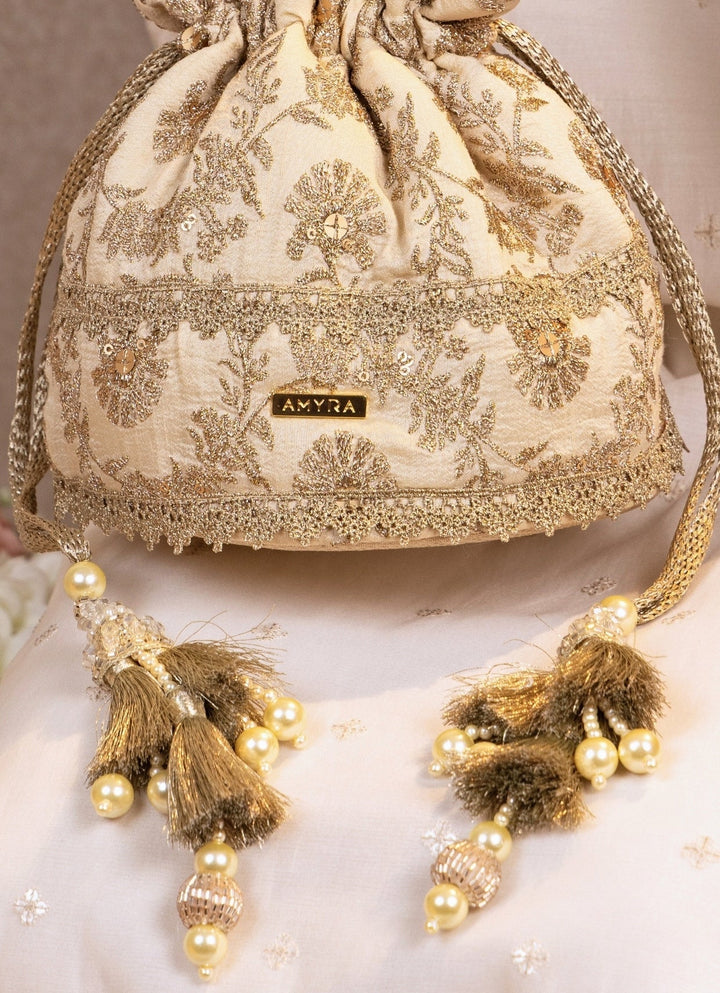 Amyra Beige Gold Embroidered Base PotliFabilicious Fashion