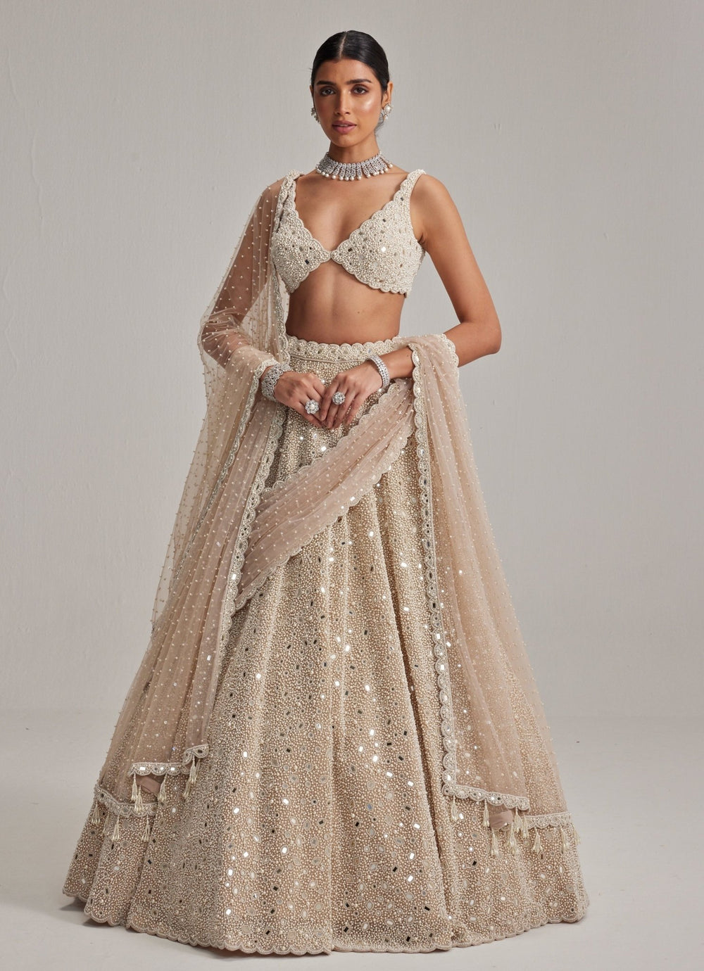 Beige Gold Embroidered Bridal Lehenga With Double Dupatta Vvani by Vani Vats - Fabilicious Fashion
