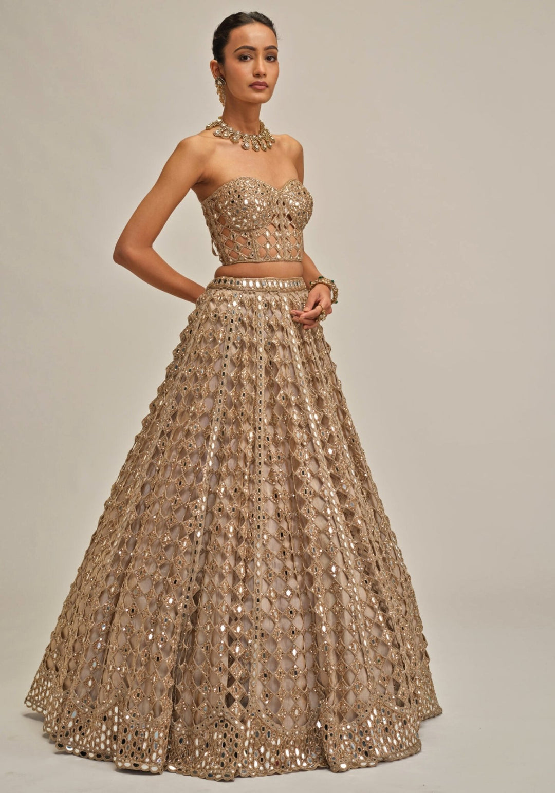 Vvani by Vani Vats Beige Gold Embroidered Georgette Corset LehengaFabilicious Fashion