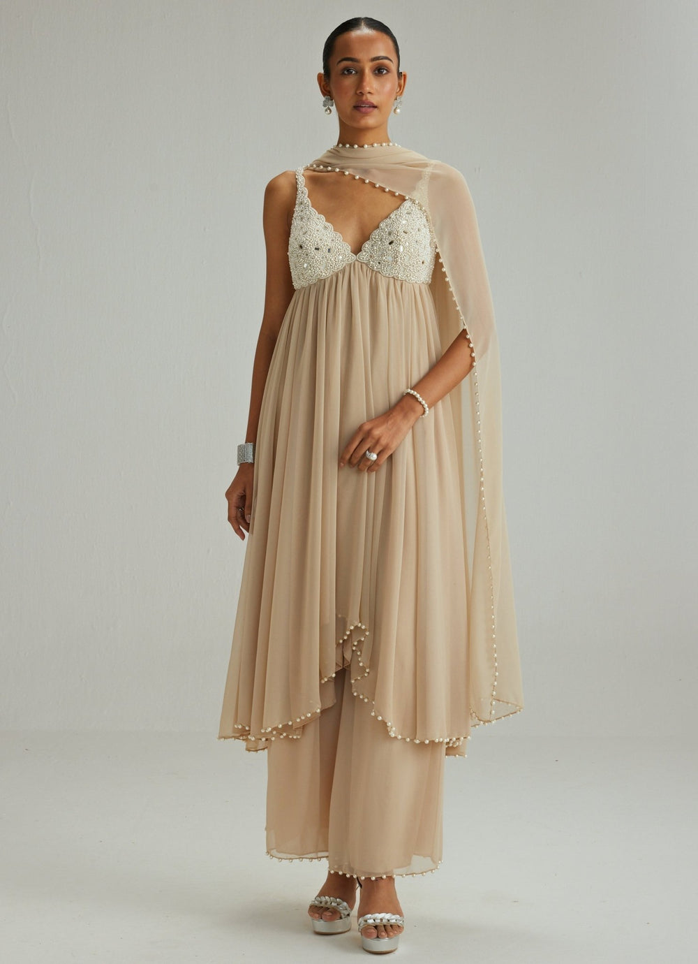 Beige Gold Embroidered Georgette Kurta Pants Set Vvani by Vani Vats - Fabilicious Fashion