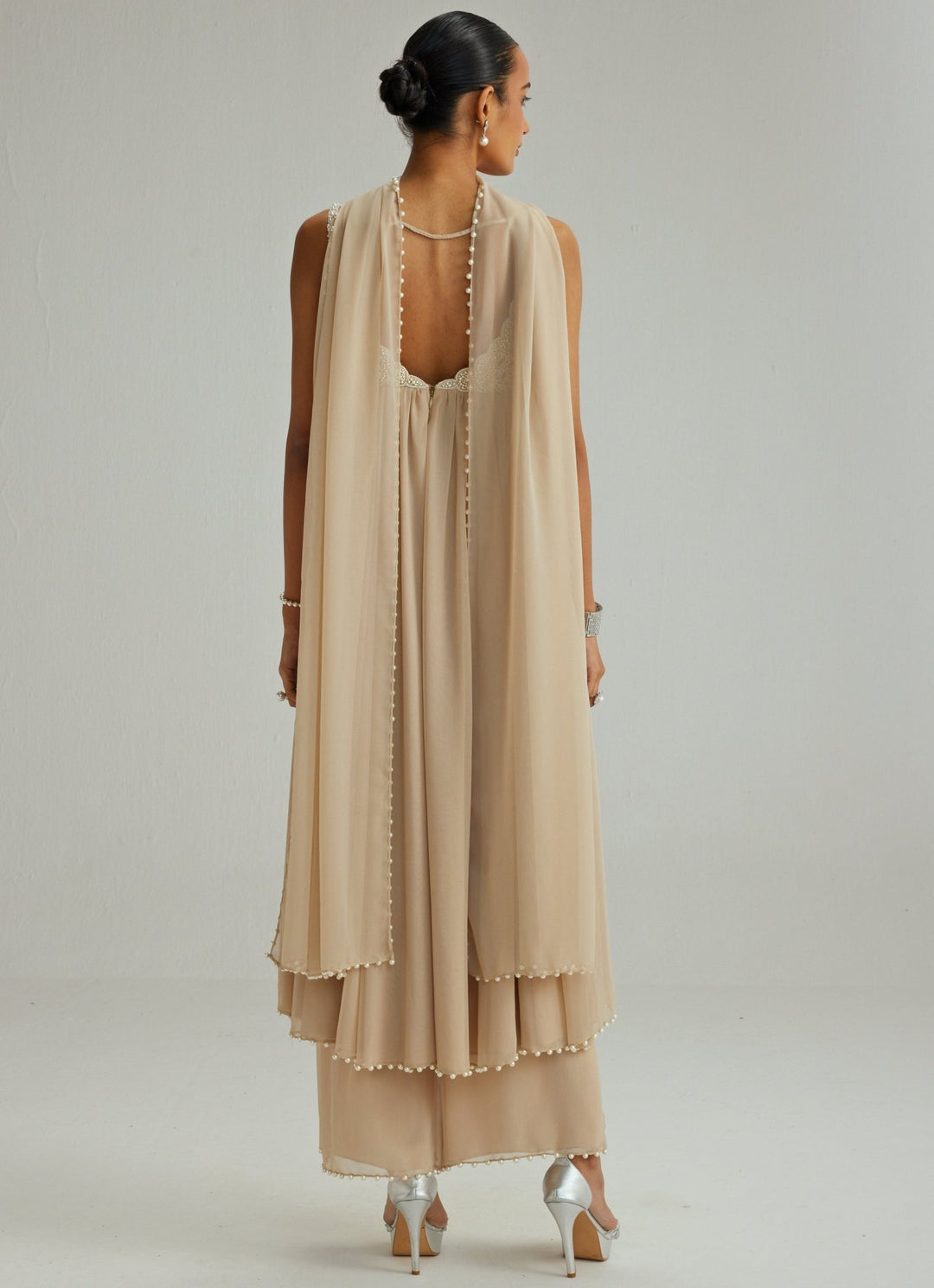 Beige Gold Embroidered Georgette Kurta Pants Set Vvani by Vani Vats - Fabilicious Fashion