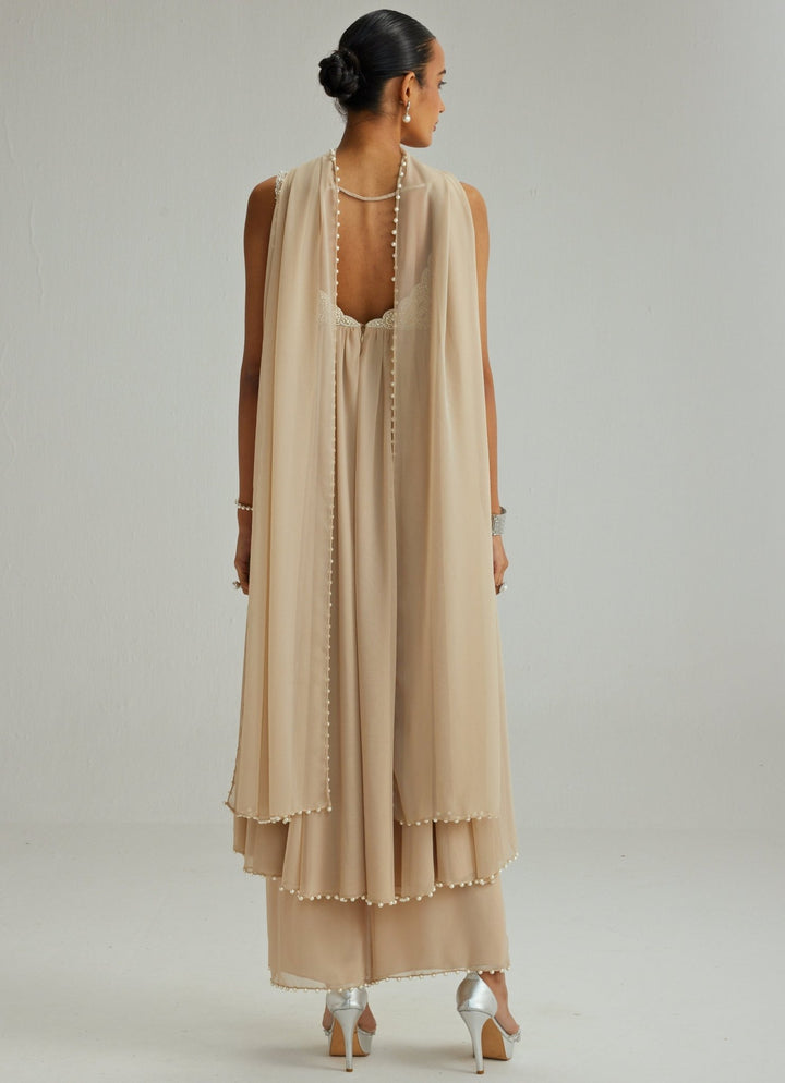 Beige Gold Embroidered Georgette Kurta Pants Set Vvani by Vani Vats - Fabilicious Fashion