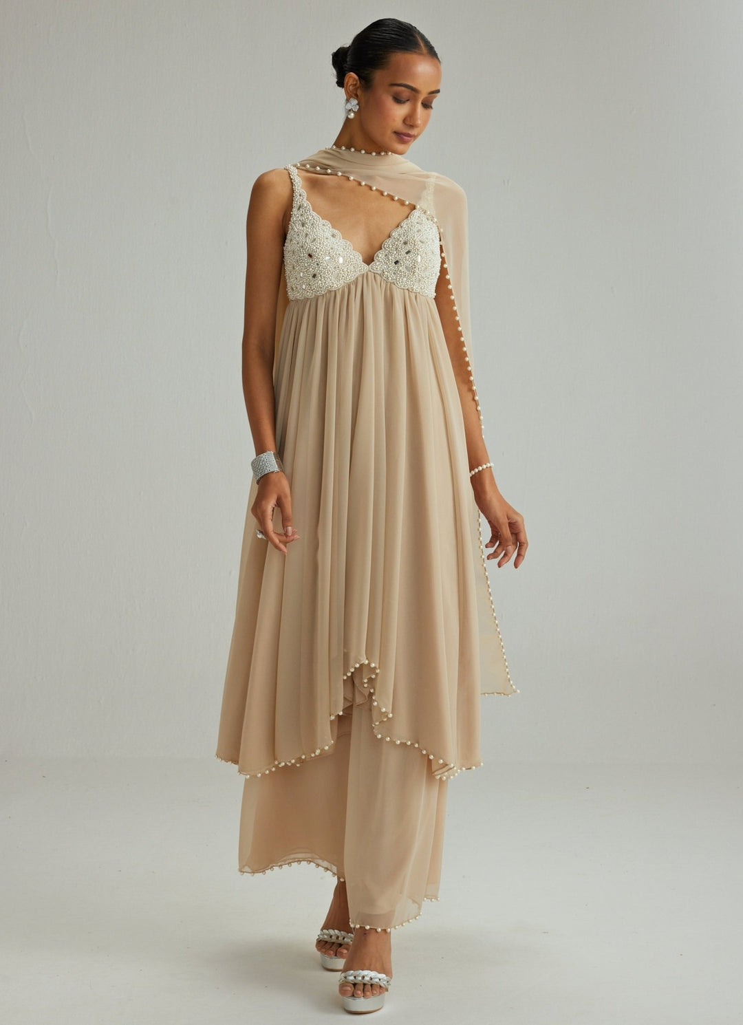 Beige Gold Embroidered Georgette Kurta Pants Set Vvani by Vani Vats - Fabilicious Fashion