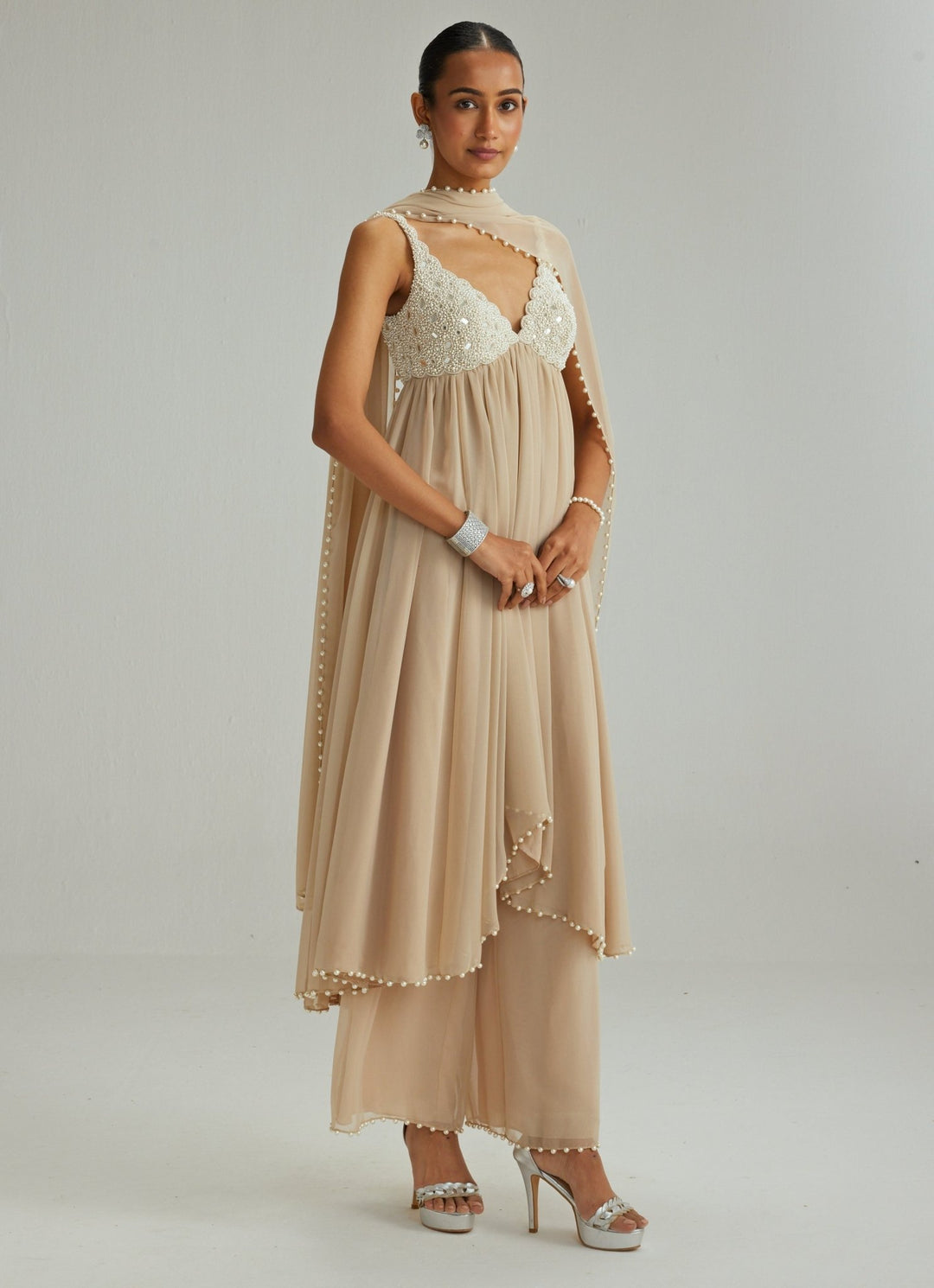 Beige Gold Embroidered Georgette Kurta Pants Set Vvani by Vani Vats - Fabilicious Fashion