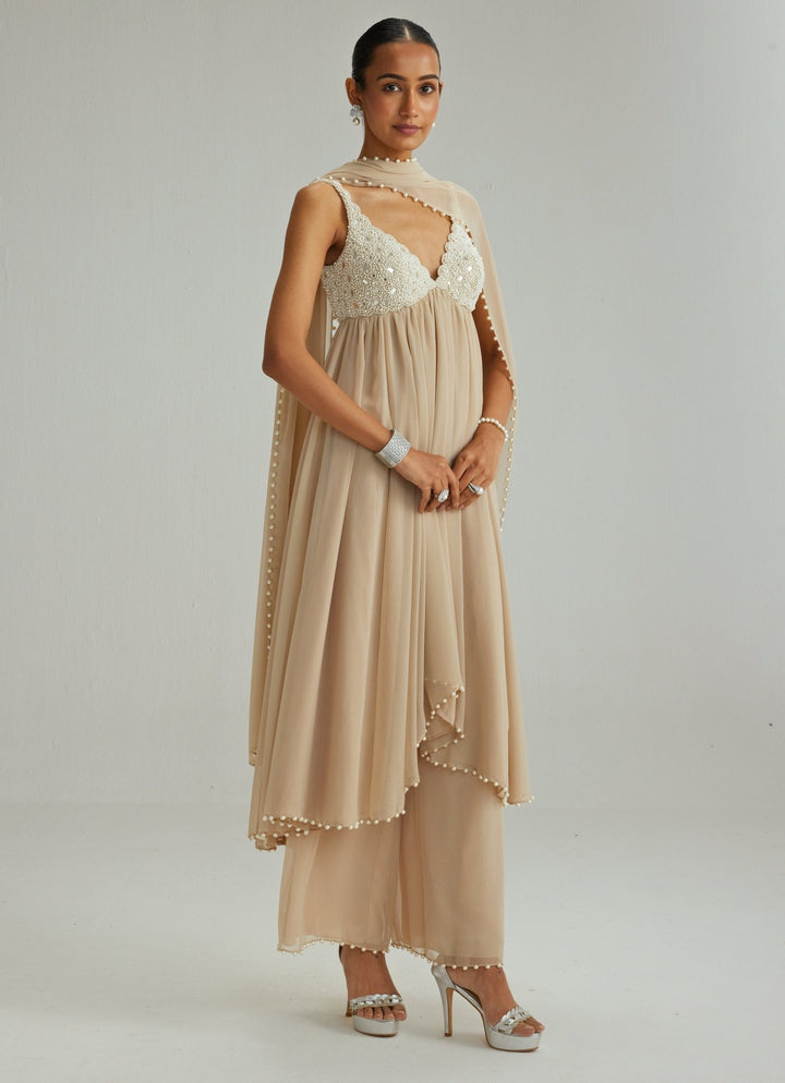 Beige Gold Embroidered Georgette Kurta Pants Set Vvani by Vani Vats - Fabilicious Fashion