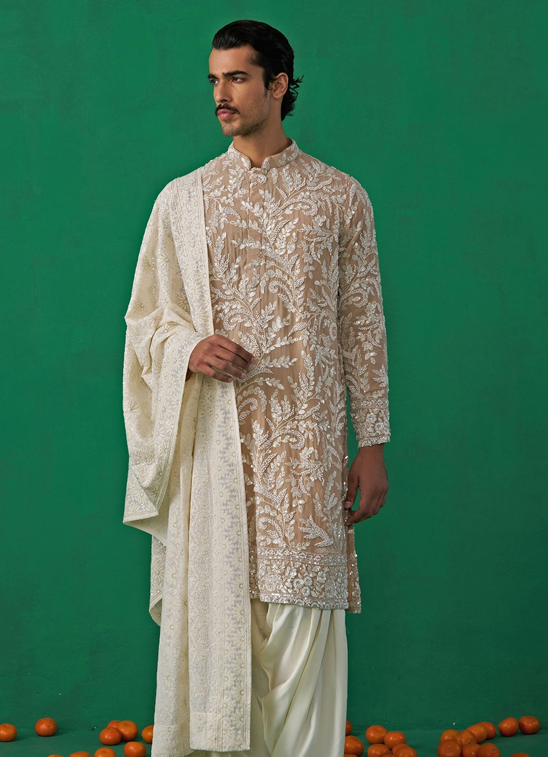 Beige Gold Embroidered Georgette Kurta Set Kalpraag - Fabilicious Fashion