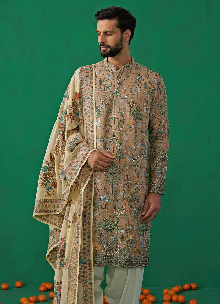 Beige Gold Embroidered Georgette Kurta Set Kalpraag - Fabilicious Fashion