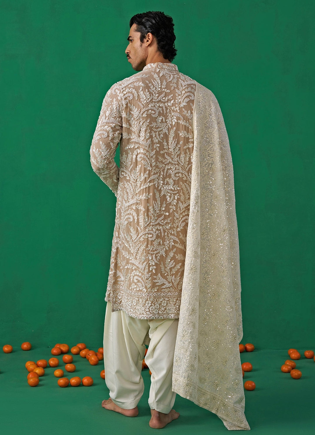 Beige Gold Embroidered Georgette Kurta Set Kalpraag - Fabilicious Fashion