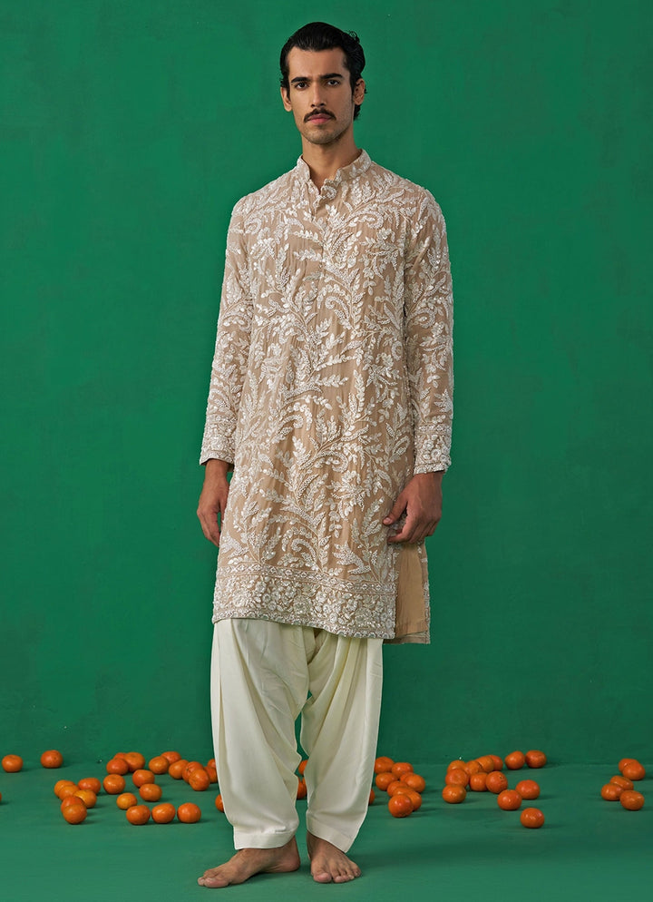 Beige Gold Embroidered Georgette Kurta Set Kalpraag - Fabilicious Fashion