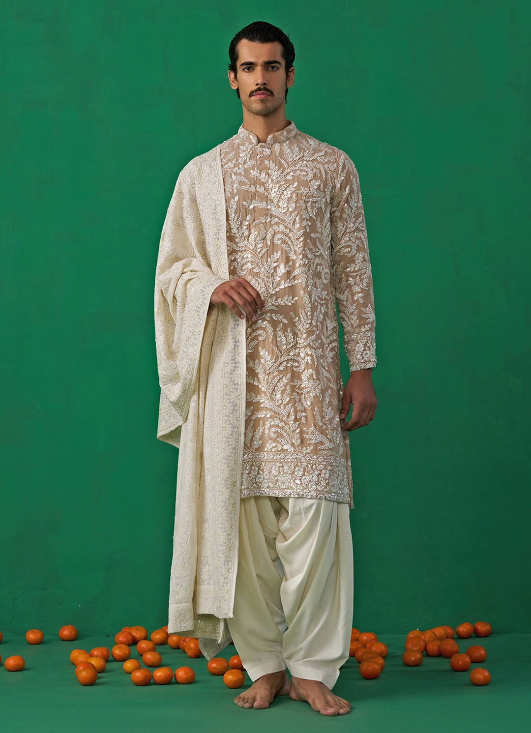 Beige Gold Embroidered Georgette Kurta Set Kalpraag - Fabilicious Fashion