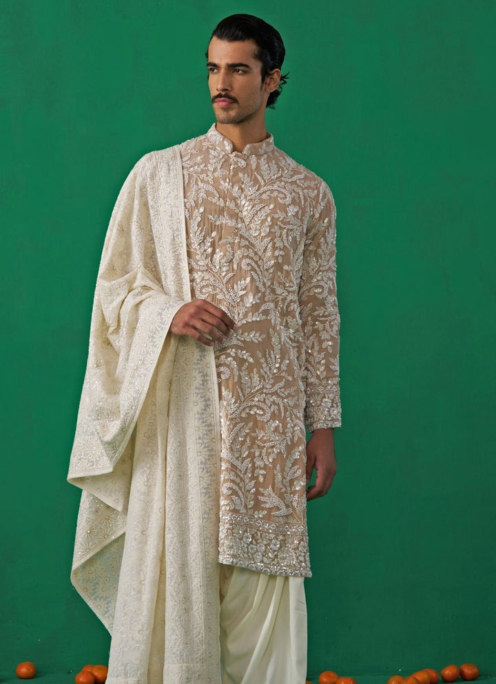 Beige Gold Embroidered Georgette Kurta Set Kalpraag - Fabilicious Fashion