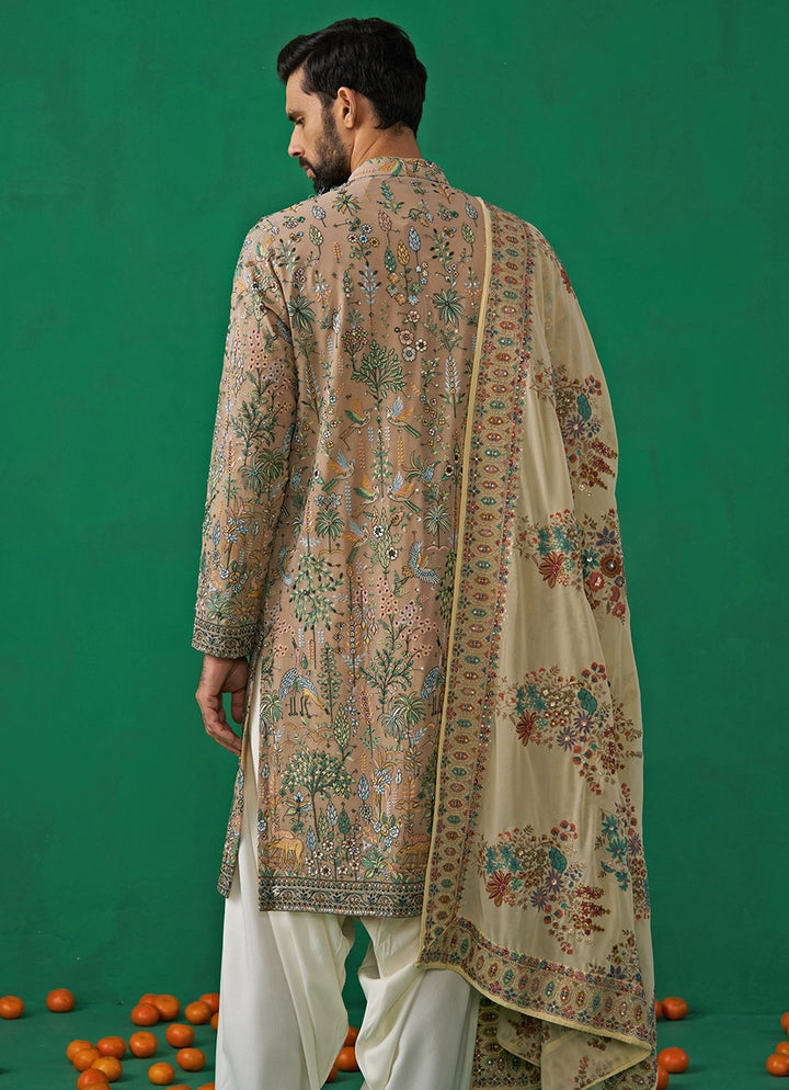 Beige Gold Embroidered Georgette Kurta Set Kalpraag - Fabilicious Fashion