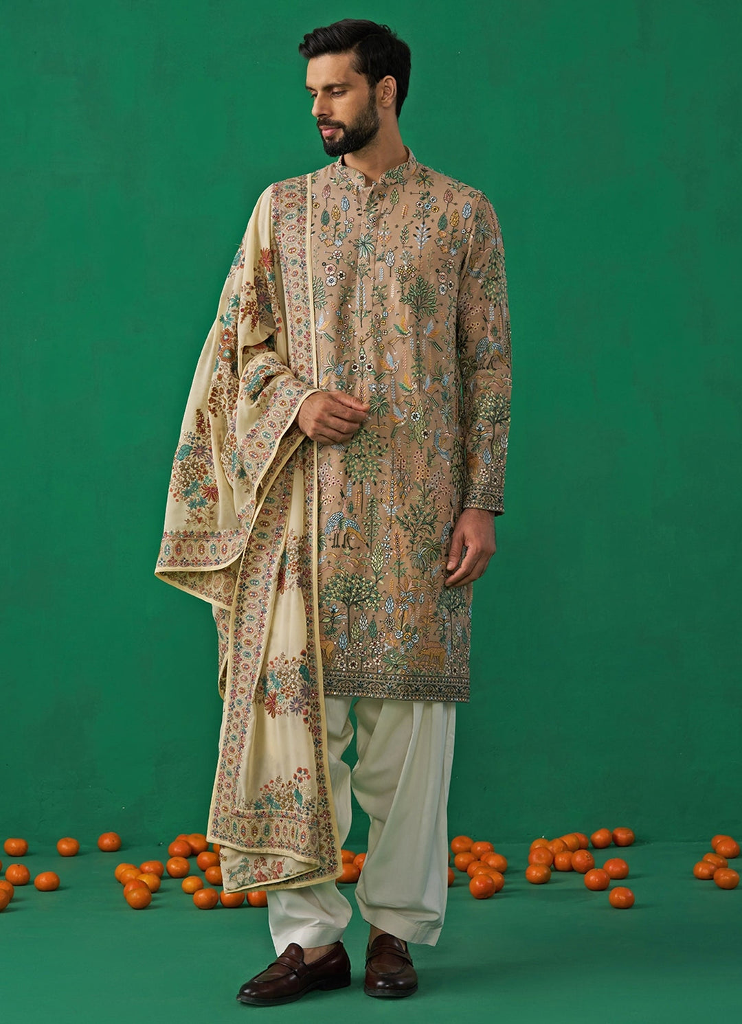 Beige Gold Embroidered Georgette Kurta Set Kalpraag - Fabilicious Fashion