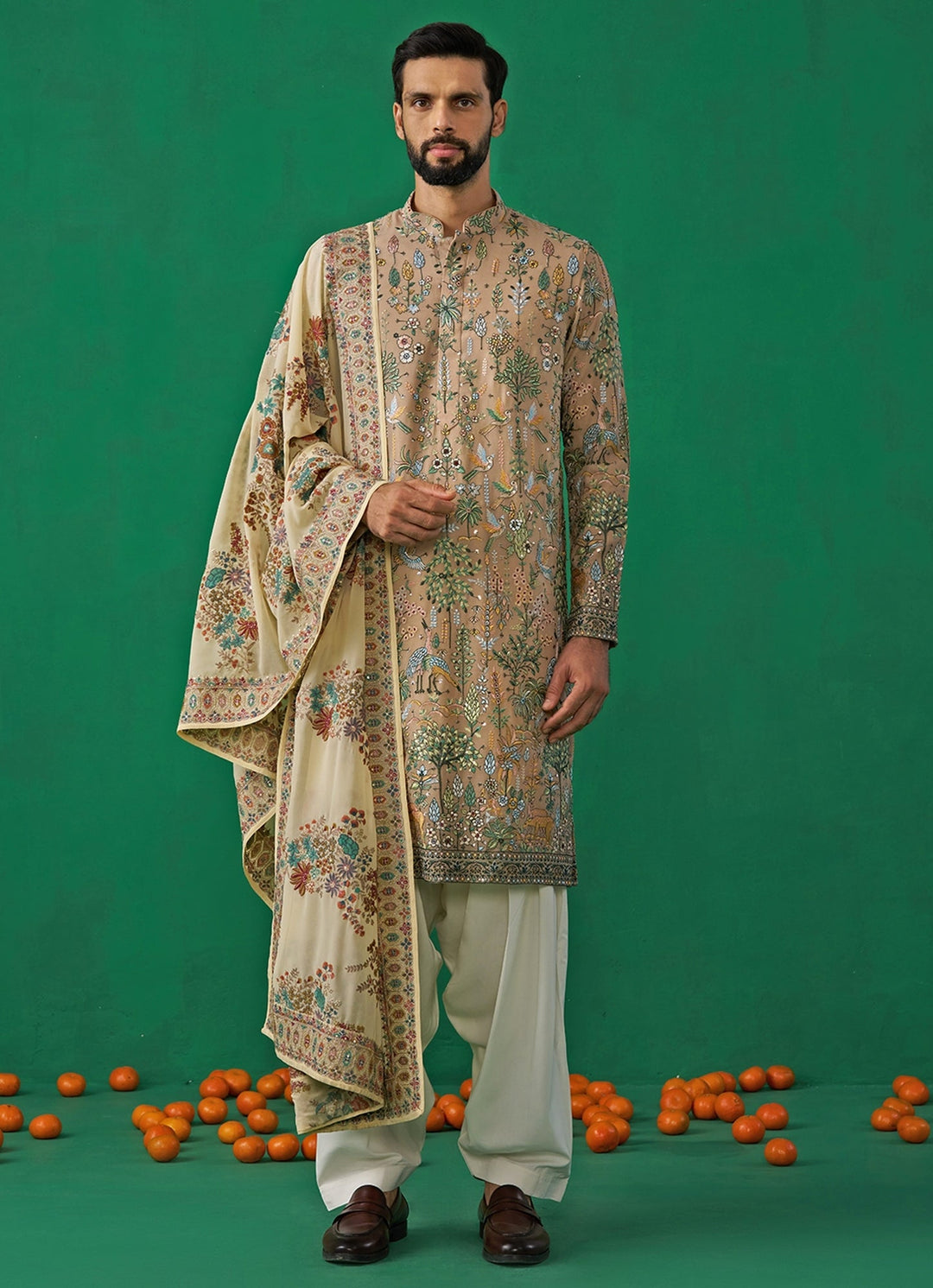 Beige Gold Embroidered Georgette Kurta Set Kalpraag - Fabilicious Fashion