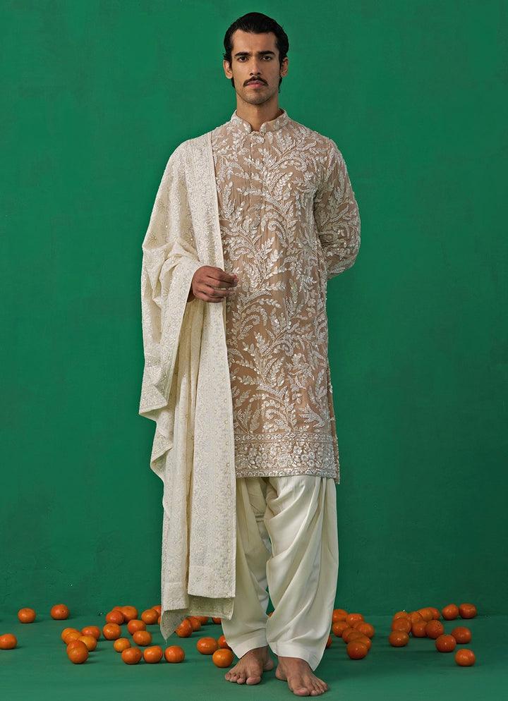 Beige Gold Embroidered Georgette Kurta Set Kalpraag - Fabilicious Fashion