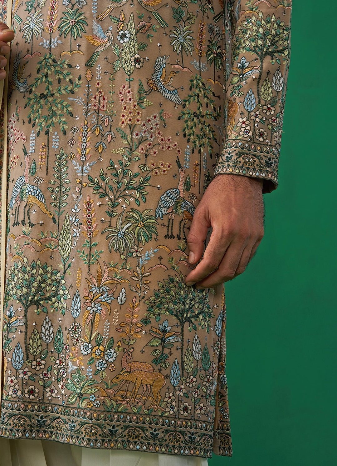 Beige Gold Embroidered Georgette Kurta Set Kalpraag - Fabilicious Fashion