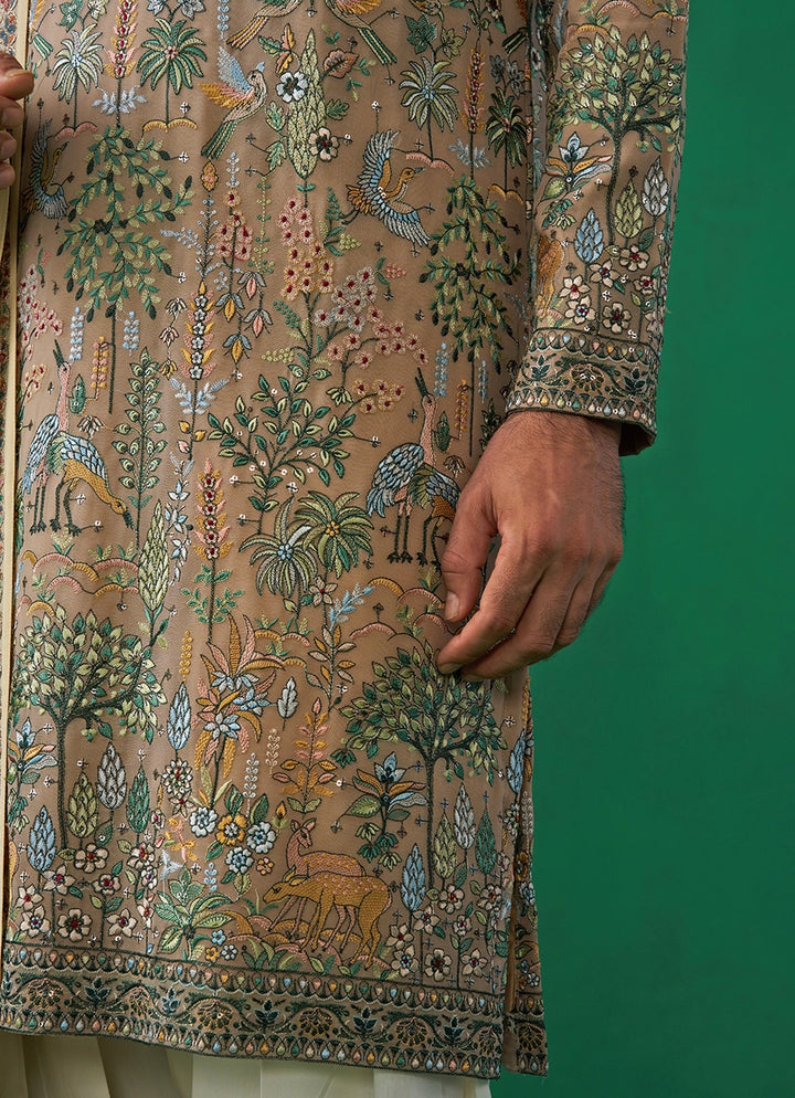 Beige Gold Embroidered Georgette Kurta Set Kalpraag - Fabilicious Fashion