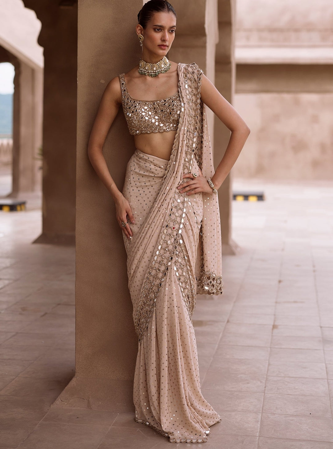 Vvani by Vani Vats Beige Gold Embroidered Georgette Pre-Draped SareeFabilicious Fashion