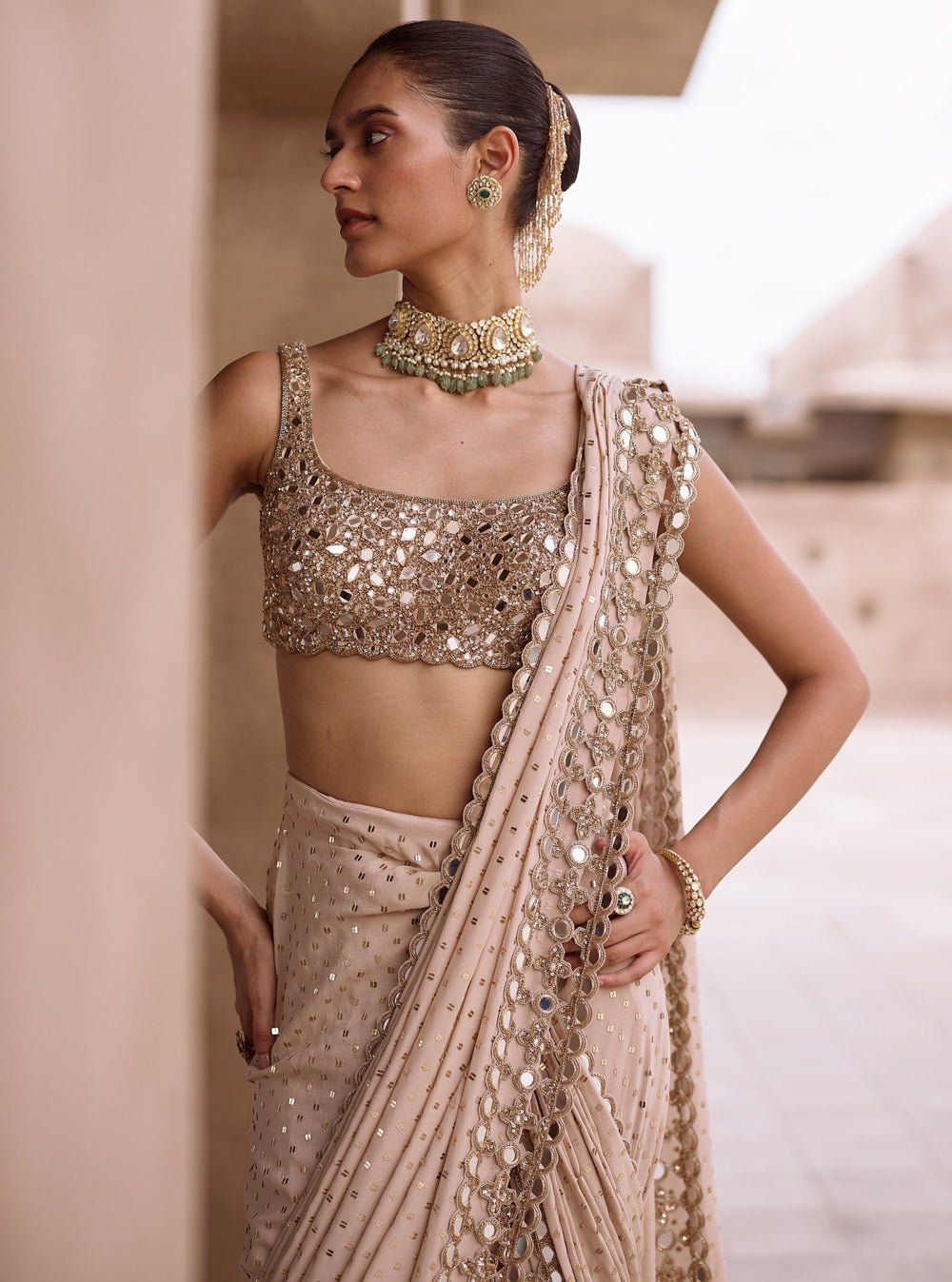 Vvani by Vani Vats Beige Gold Embroidered Georgette Pre-Draped SareeFabilicious Fashion