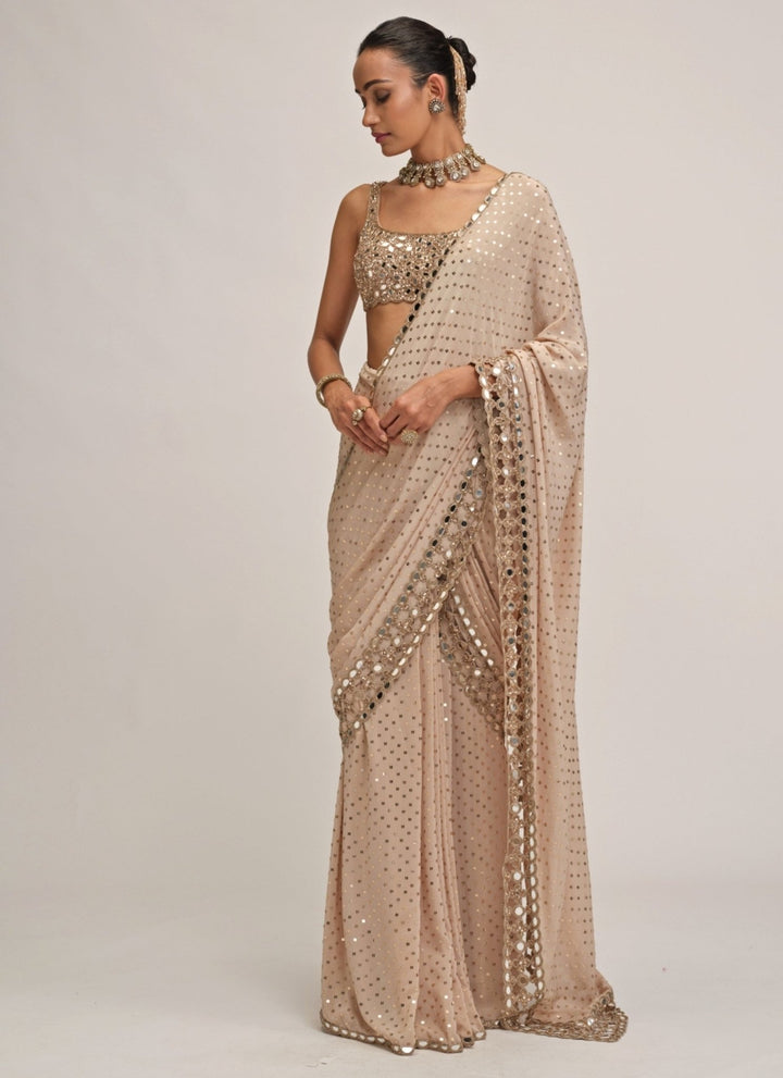 Vvani by Vani Vats Beige Gold Embroidered Georgette Pre-Draped SareeFabilicious Fashion
