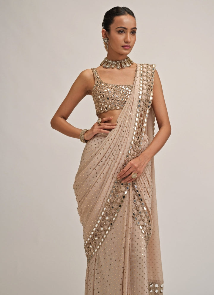 Vvani by Vani Vats Beige Gold Embroidered Georgette Pre-Draped SareeFabilicious Fashion
