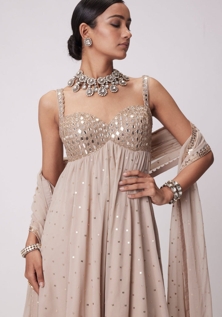 Beige Gold Embroidered High Low Kurta Vvani by Vani Vats - Fabilicious Fashion