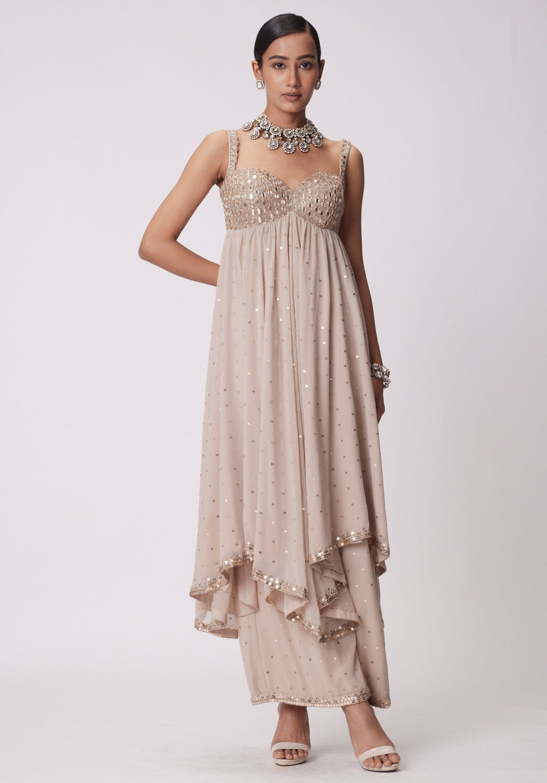 Beige Gold Embroidered High Low Kurta Vvani by Vani Vats - Fabilicious Fashion
