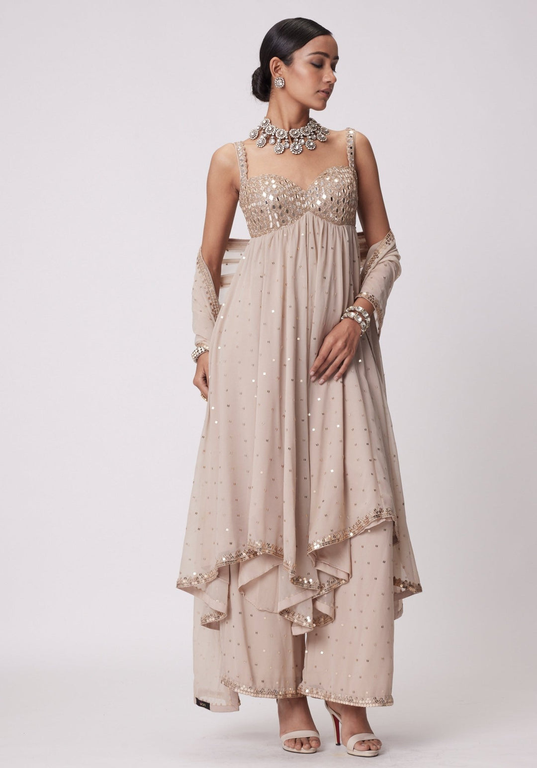 Beige Gold Embroidered High Low Kurta Vvani by Vani Vats - Fabilicious Fashion