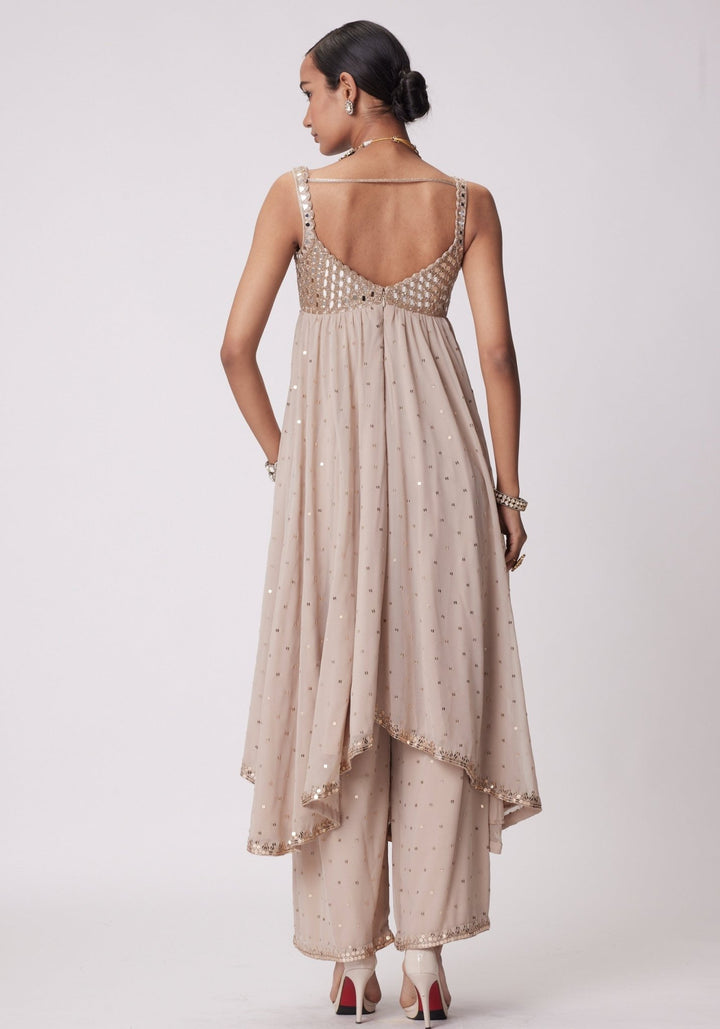 Beige Gold Embroidered High Low Kurta Vvani by Vani Vats - Fabilicious Fashion