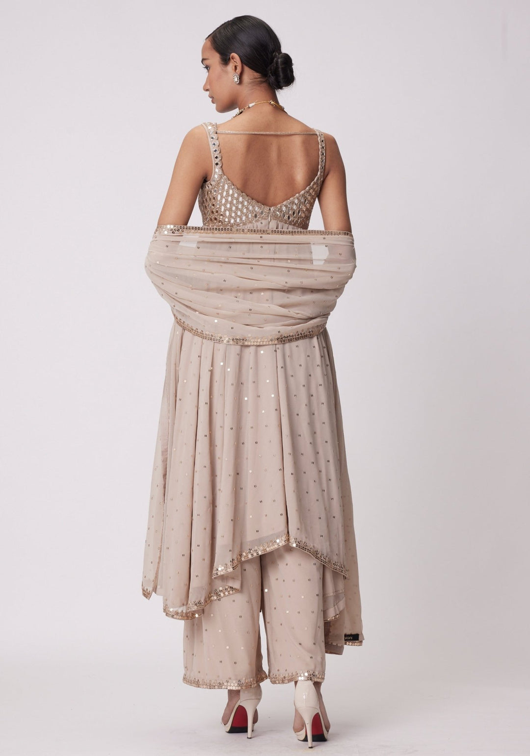 Beige Gold Embroidered High Low Kurta Vvani by Vani Vats - Fabilicious Fashion