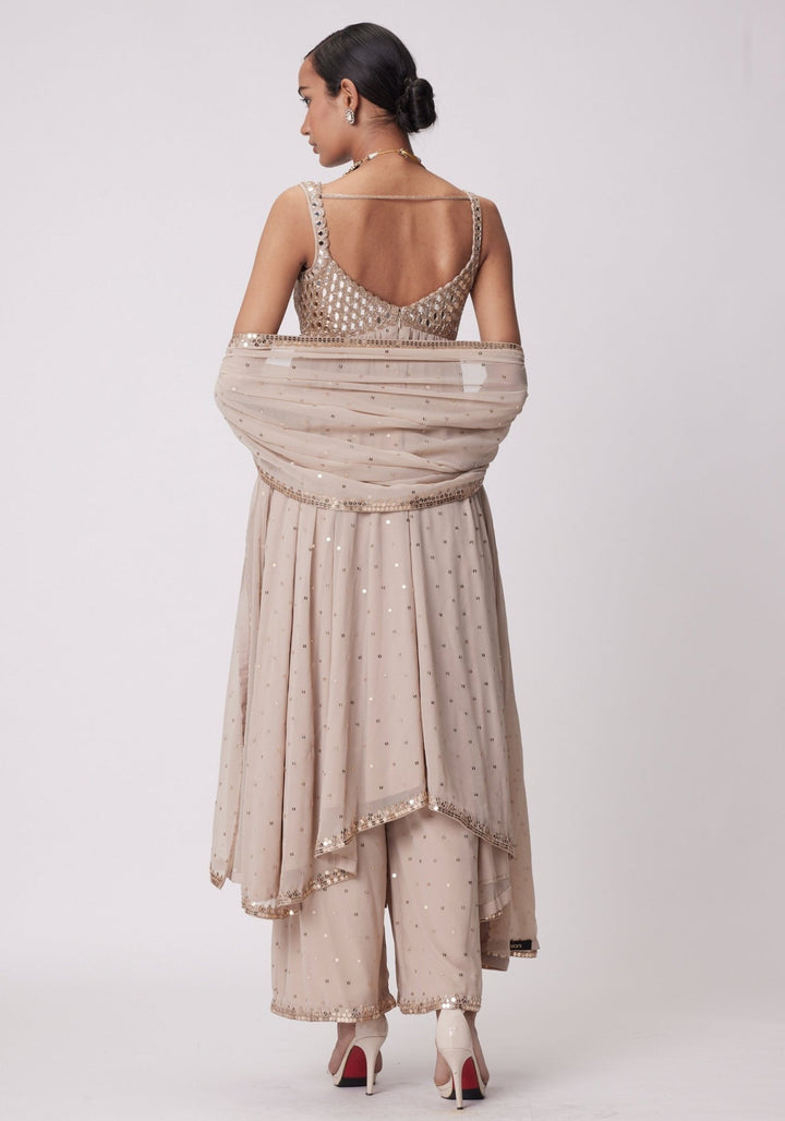 Beige Gold Embroidered High Low Kurta Vvani by Vani Vats - Fabilicious Fashion