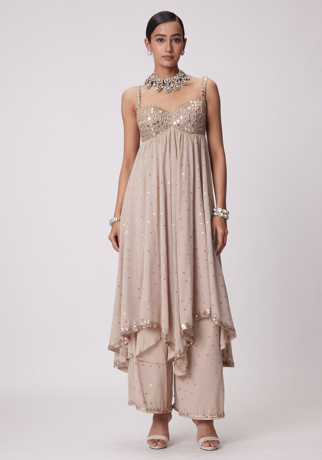 Beige Gold Embroidered High Low Kurta Vvani by Vani Vats - Fabilicious Fashion