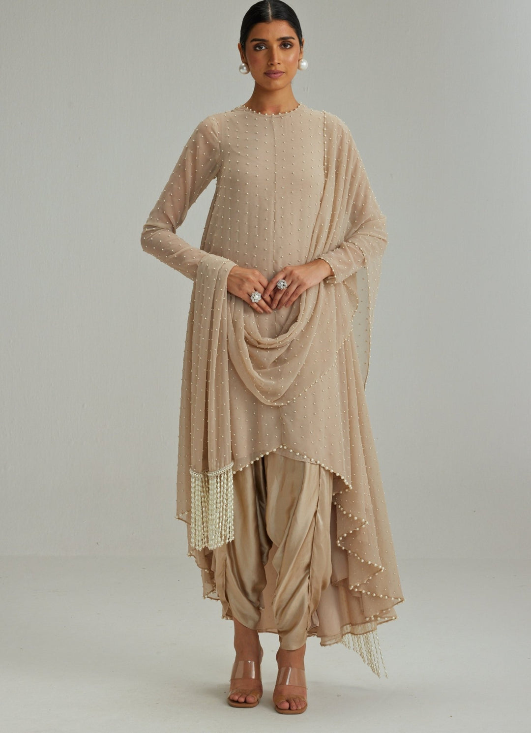 Beige Gold Embroidered Kurta With Dhoti Salwar And Dupatta Vvani by Vani Vats - Fabilicious Fashion