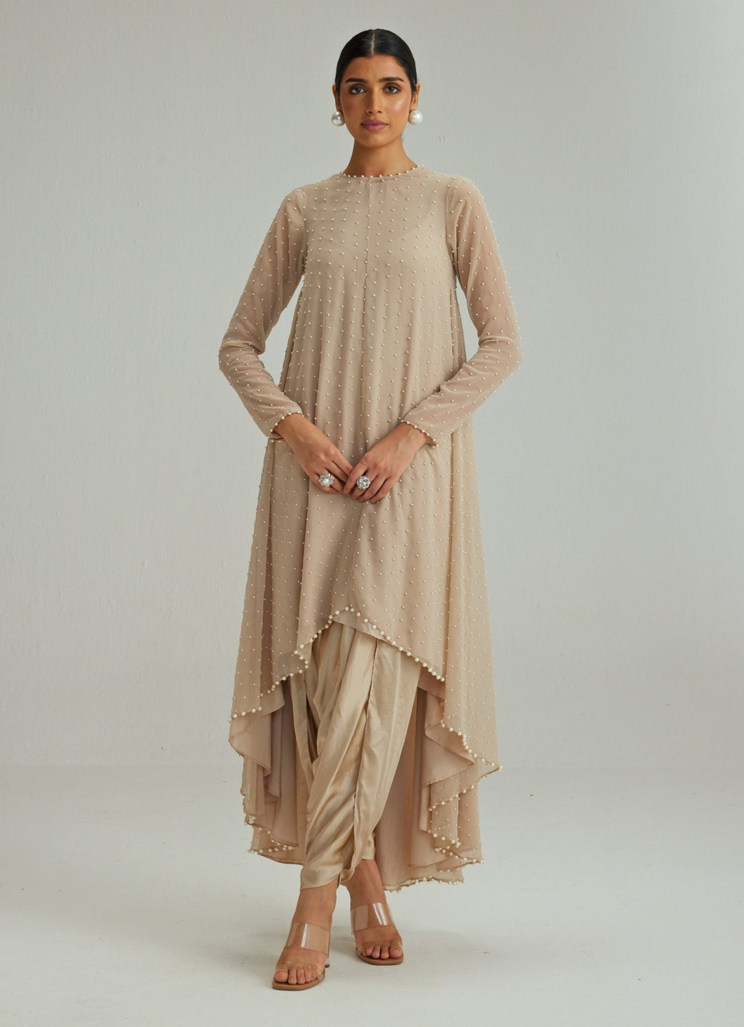 Beige Gold Embroidered Kurta With Dhoti Salwar Vvani by Vani Vats - Fabilicious Fashion