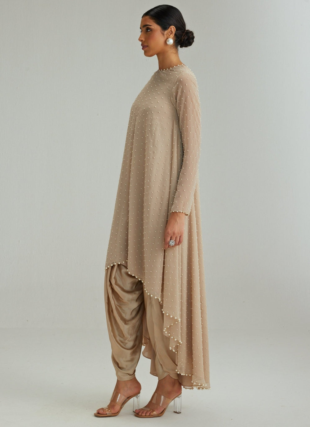 Beige Gold Embroidered Kurta With Dhoti Salwar Vvani by Vani Vats - Fabilicious Fashion