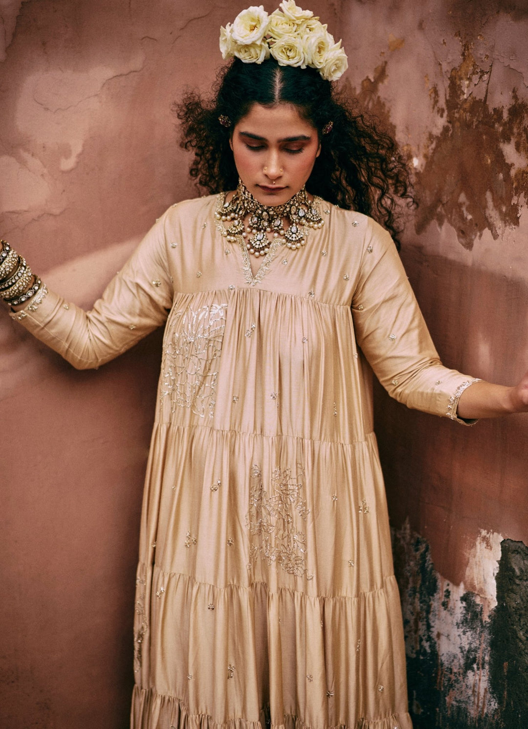 Beige Gold Embroidered Modal Silk Anarkali Paulmi and Harsh - Fabilicious Fashion